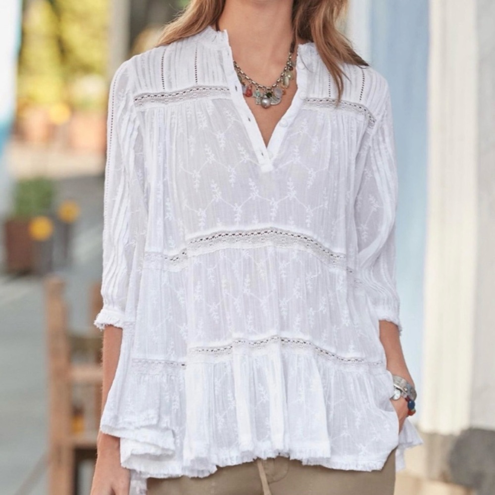 Sundance Mylah Eyelet Lace Peasant Blouse Top Bohemian Coastal Grandma Large